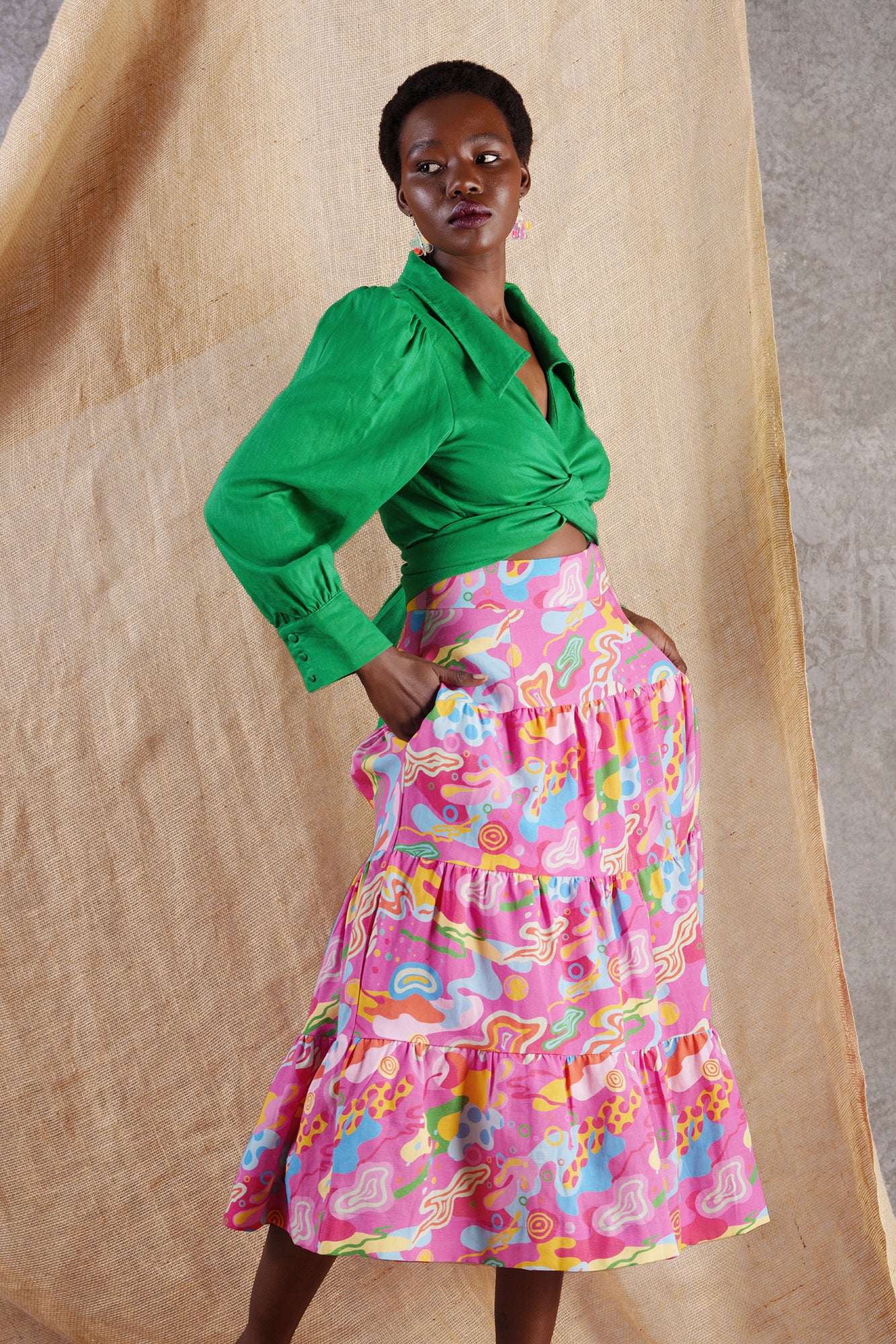 Splash Linen Blend Maxi Skirt Pink