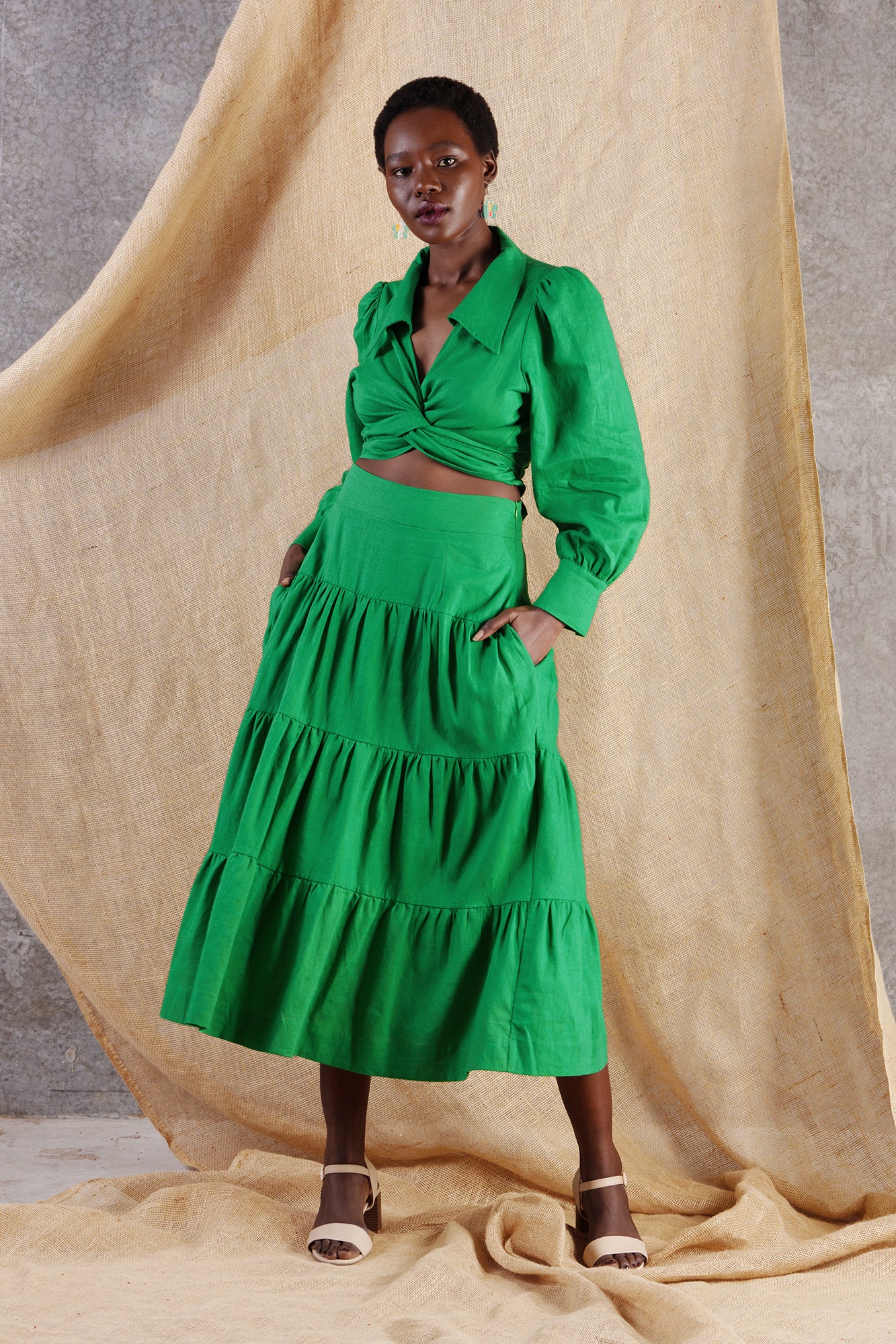 Splash Linen Cotton Maxi Skirt Green