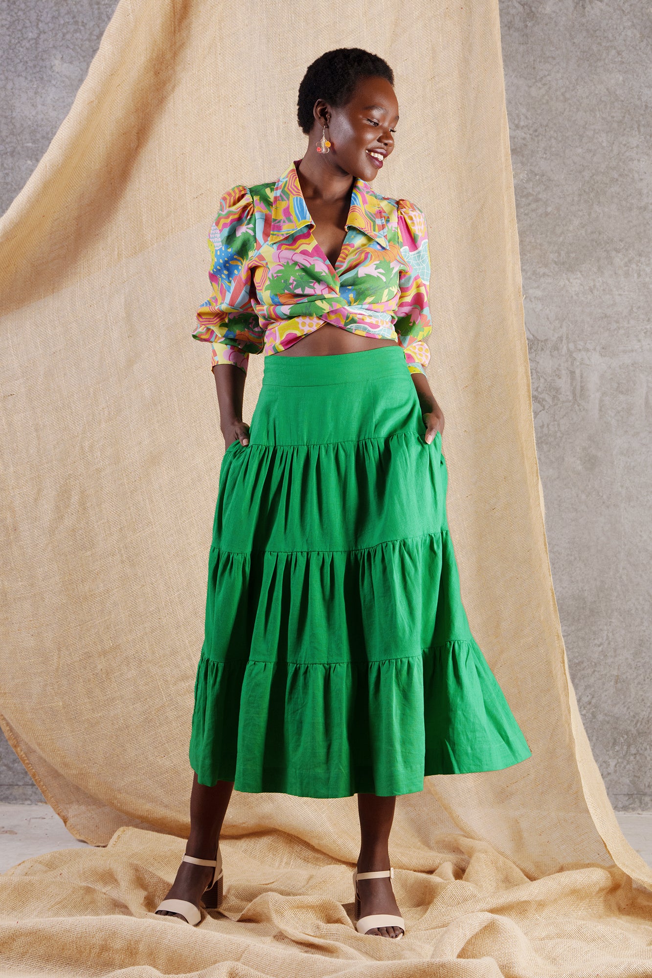 Splash Linen Cotton Maxi Skirt Green