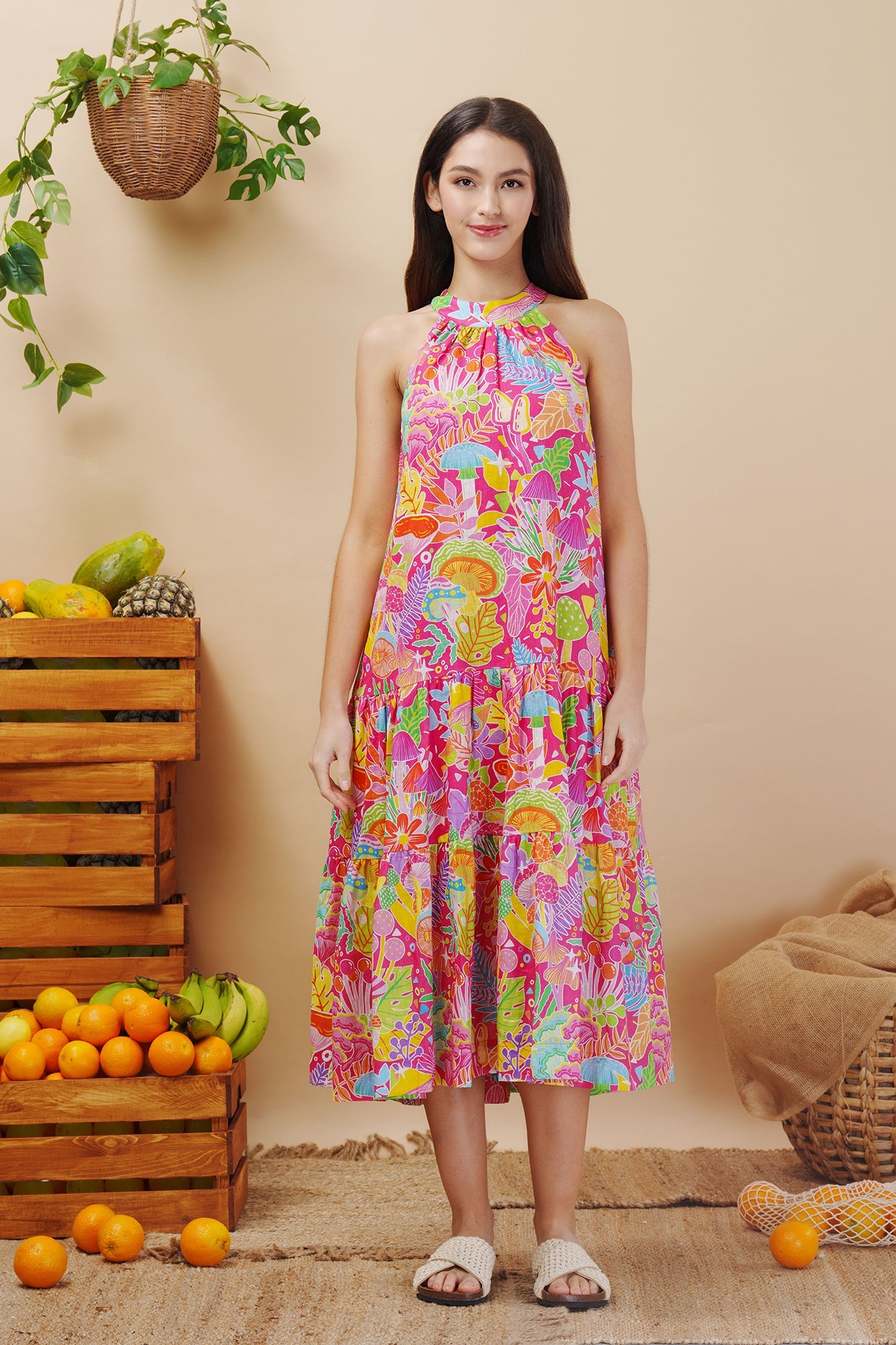 Mushroom Madness Linen Maxi Dress